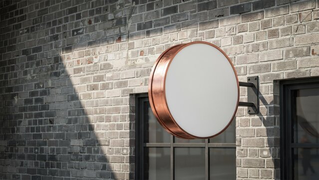 Elegant circular blank copper sign mounted on rustic textured brick wall