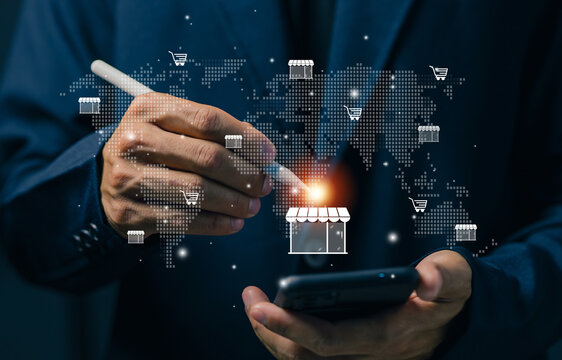Business professional interacting with a global digital commerce interface featuring logistics, online shopping and worldwide connectivity for international trade, supply chain and ecommerce growth.