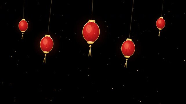 Swinging Traditional Chinese Red Lanterns with Gold Tassels and Floating Embers