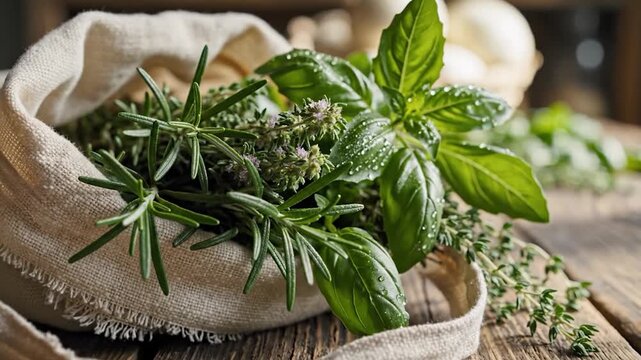 Fresh basil rosemary and thyme in a linen bag on a rustic wooden table