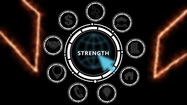 Modern business technology interface with STRENGTH text, gears and digital network icons. 4k animation