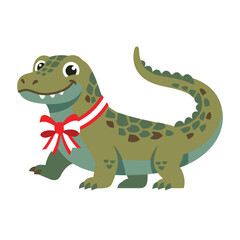 Fototapeta premium Cute cartoon Komodo dragon with a festive red and white ribbon.