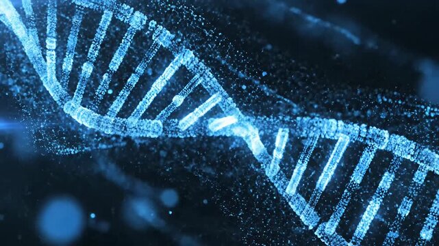 Luminous blue DNA double helix on dark background.