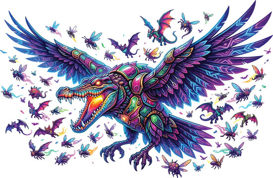 Vibrant, colorful dragon illustration, mythical creature, fantasy design, decorative art