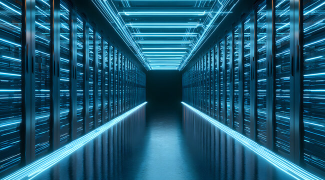 High-tech futuristic server room featuring metallic racks, bright, glowing blue neon data lines, digital network, cloud computing concept, 3D illustration