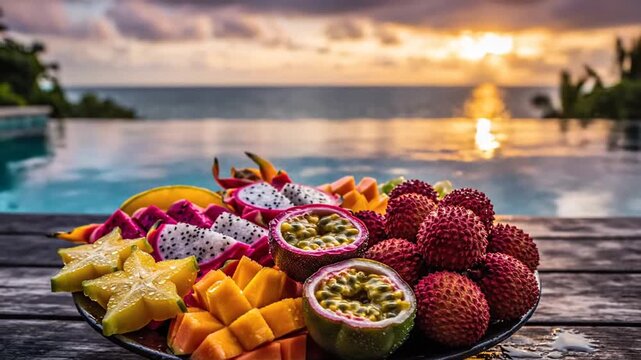 Tropical fruit platter by infinity pool at golden sunset
