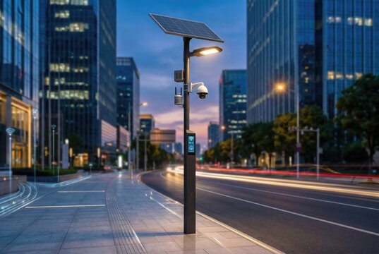 Modern smart city lighting pole with solar energy and security camera at twilight