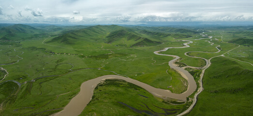 Aerial Panoramic View of Manzetang Wetland: Meandering Braided Rivers in Zoige Grassland © why2husky