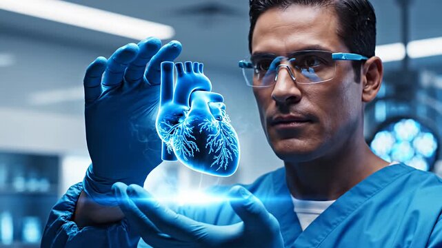 Surgeon examining holographic 3D model of human heart anatomy