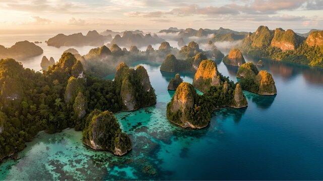 aerial drone photograph of Piaynemo, Raja Ampat, Southwest Papua, Indonesia at sunrise