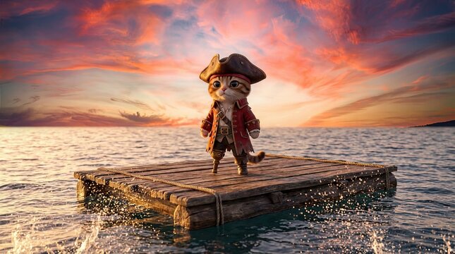 Brave Pirate Cat with niche concept Brave Pirate Cat with Peg Leg, a Lone Castaway on a Wooden Raft Adrift at Sea with a Beautiful Sunset Horizon, symbolizing adventure and resilience cinematic