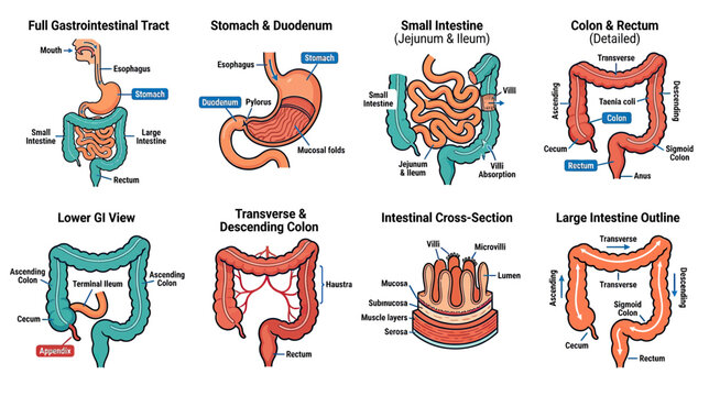 Human Digestive System Anatomy: GI Tract, Stomach, Intestines, Colon Diagrams