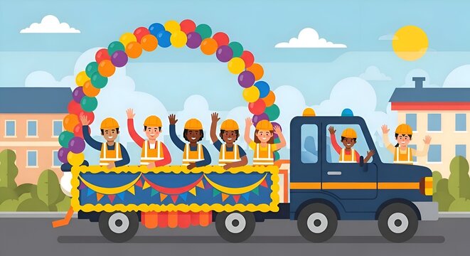 Diverse workers celebrating on a parade float