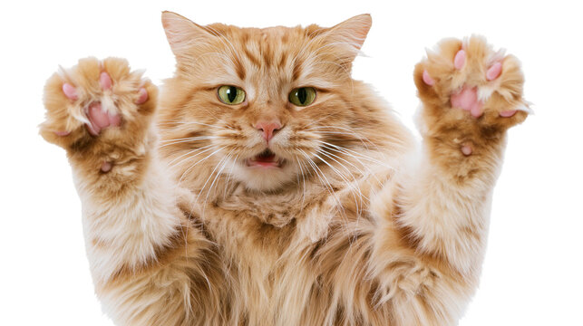 Fluffy orange cat with green eyes raising paws, isolated on transparent background