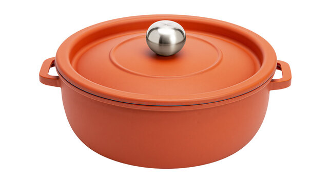 Orange ceramic pot with silver knob lid, isolated on transparent background