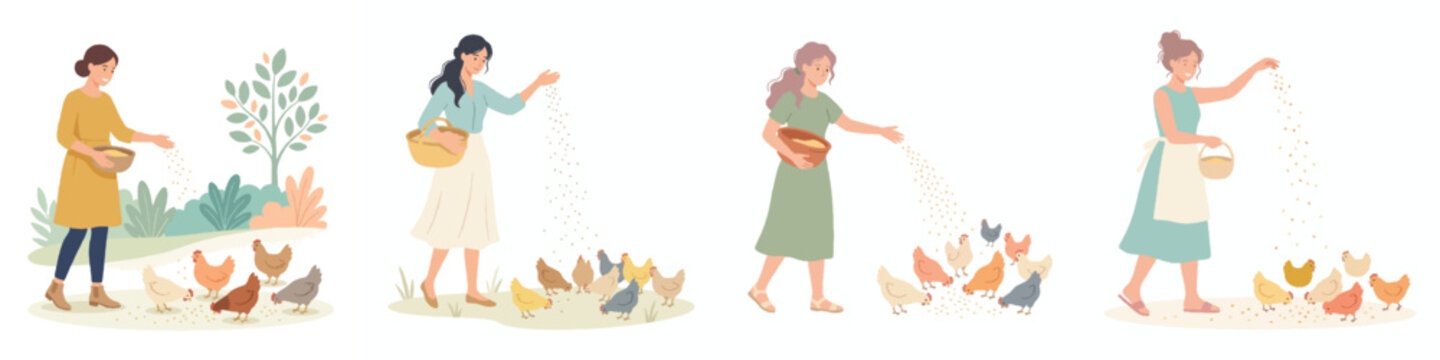 Collection of Women Feeding Farm Chickens and Poultry in a Countryside Garden Setting