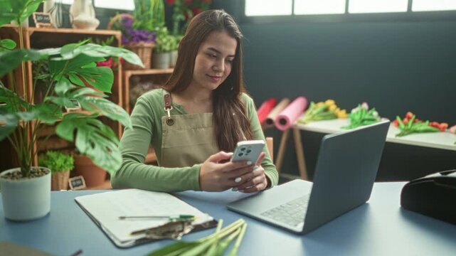 Woman florist wearing apron holds smartphone, hands texting at studio desk with laptop and flowers; calm focus.