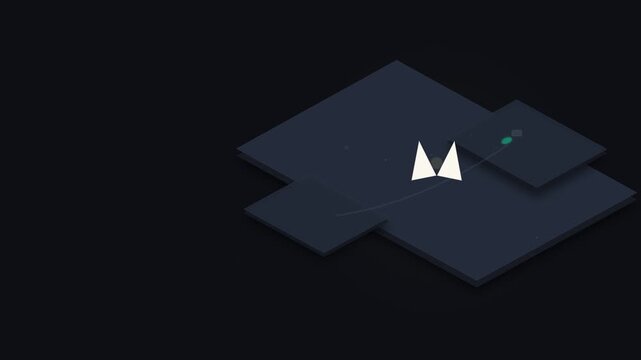 Isometric 3D digital illustration of a glowing geometric butterfly navigating dark blue platforms to represent a knowledge ecosystem in a minimalist virtual space.
