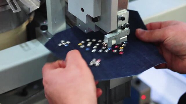 Automatic rhinestone setting machine fixing crystal studs on denim fabric close up shot