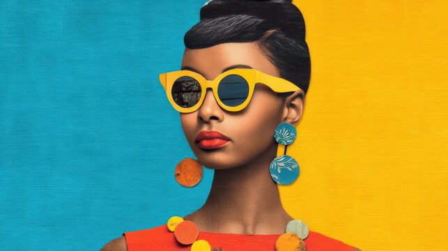 A stylish woman wearing vibrant yellow sunglasses and colorful earrings poses against a split blue and yellow background, embodying bold fashion and modern elegance.