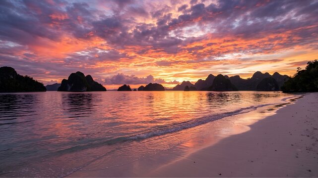 a magnificent tropical suset over Raja Ampat with dramatic golden clouds stretching across the sky