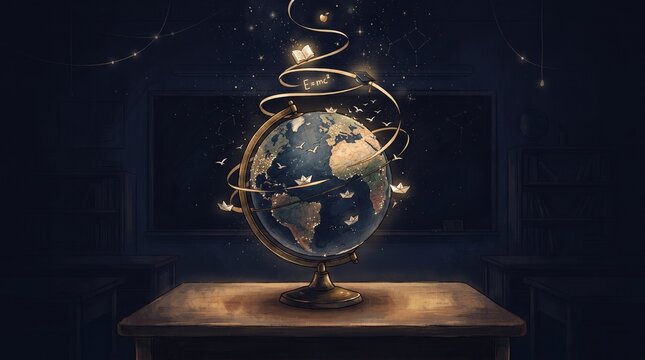 Enchanted globe with swirling lights on wooden table in dark room for Day of Knowledge