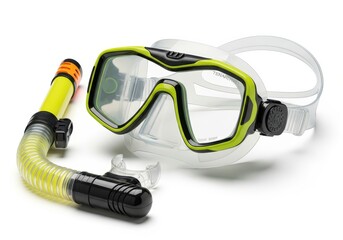 Fototapeta premium Professional Yellow and Black Snorkeling Mask and Snorkel Set Isolated on White Background for Summer Vacation