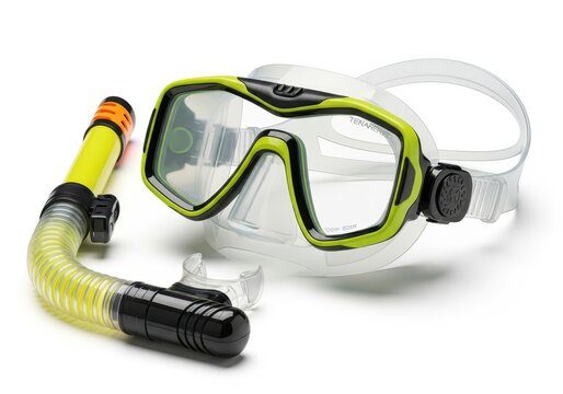 Professional Yellow and Black Snorkeling Mask and Snorkel Set Isolated on White Background for Summer Vacation