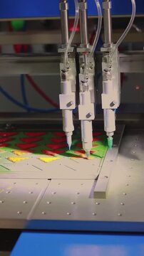 Automated liquid dispensing machine applying epoxy resin on printed labels, industrial machinery vertical video