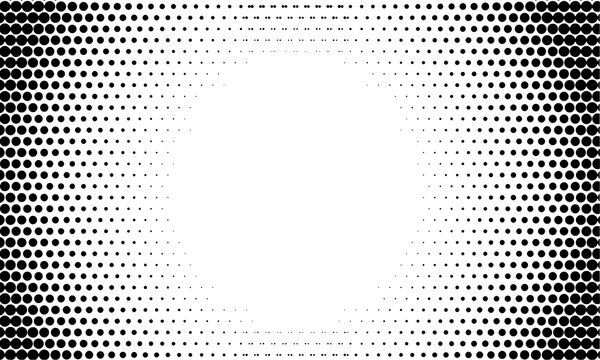 Abstract halftone dotted vignette background with smooth circular fade for modern graphic design. Perfect for comic pop art posters and branding. Clean monochrome vector texture.