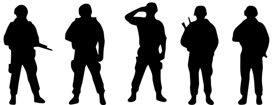 Set of five soldier silhouettes in various combat poses and military gear isolated on white background vector illustration