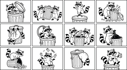 Cute raccoon trash can collection, funny recycling and garbage cartoon character set, outline vector illustration, isolated white background © Creative Vector Work