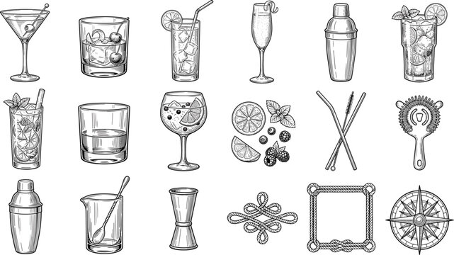 Cocktail bar equipment collection, mixology drink accessories, bartender tools and glassware, detailed vector illustration bundle