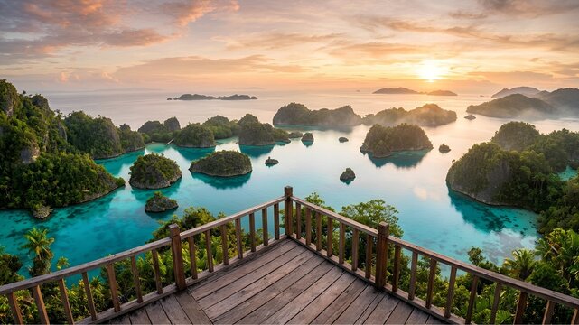 a scenic viewpoint overlooking the famous Piaynemo island ind Raja Ampat from a wooden observation platfrom. sunrises 