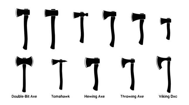 Set of eleven axe silhouettes on white background featuring tomahawk, double bit, hewing, throwing, and viking axe designs