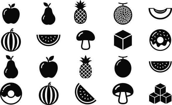 Fruit and food silhouette icon collection, black grocery symbols bundle, vector illustration, isolated white background design artwork