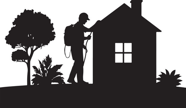 Silhouette of person spraying house exterior with black white