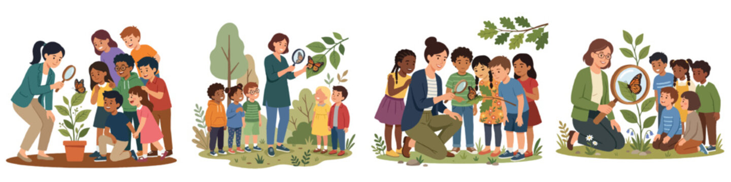 Educational Illustration of Teacher and Children Exploring Nature, Learning Botany and Entomology with Magnifying Glasses Outdoors