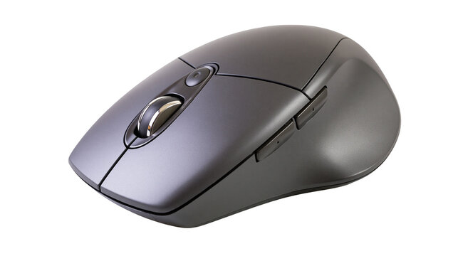 Ergonomic dark gray computer mouse with scroll wheel, isolated on transparent background