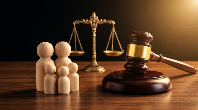 Wooden family figures beside a judge gavel and scales of justice. Concept of family law, child custody battles, legal protection, divorce proceedings, and social justice system.