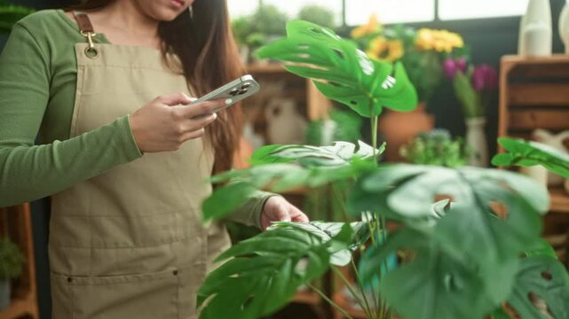 Young woman florist wearing apron holds smartphone with hands and checks plant leaves in studio; serenity plant care.