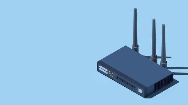 3D isometric network wifi router with antennas animation. Wireless network communication technology. Wireless internet router. Network technology. 4K video animated in isometric style