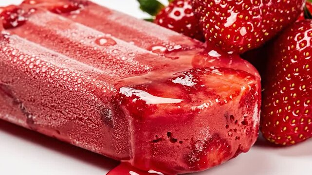 Fresh strawberry popsicle on wooden stick with whole berries on white background