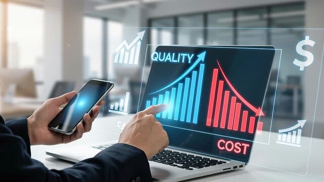 Business growth roi analysis laptop screen shows cost reduction quality improvement ai integration system development increasing overall efficiency financial success corporate work