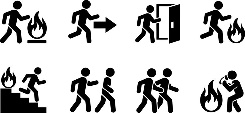 Collection of eight black emergency exit and fire escape pictogram on white background silhouette