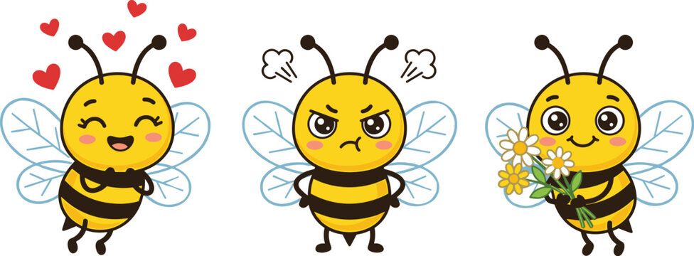Cute cartoon honey bee character with different emotions vector set