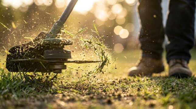 Close up of string trimmer cutting tall grass with flying debris during golden hour sunset