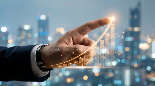 Businessman hand pointing at glowing upward financial chart arrow with city night background symbolizing corporate growth