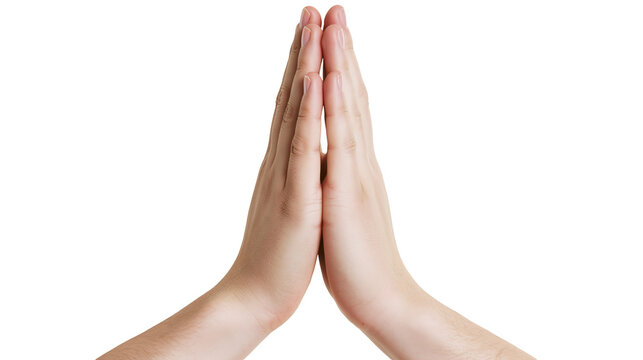 Two human hands pressed together in prayer gesture, isolated on transparent background