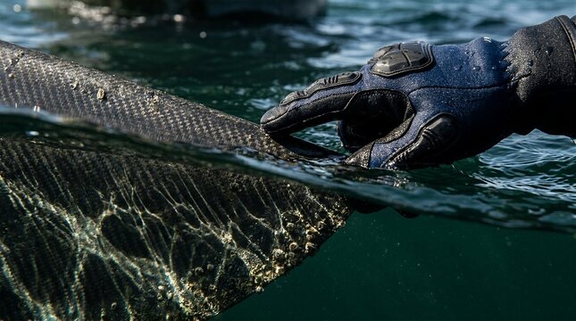 Gloved hand holding carbon fiber blade of diving fin cutting through dark ocean water surface
